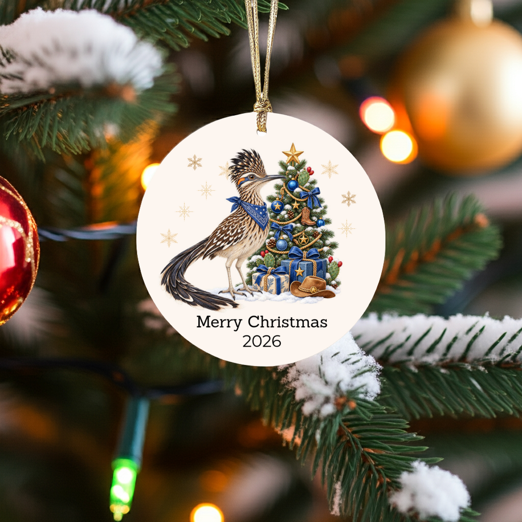 Personalized Roadrunner Christmas Ornament, Western Cowboy Cowgirl Decor, Blue or Pink, Custom Text and Year, Southwest Christmas Gift