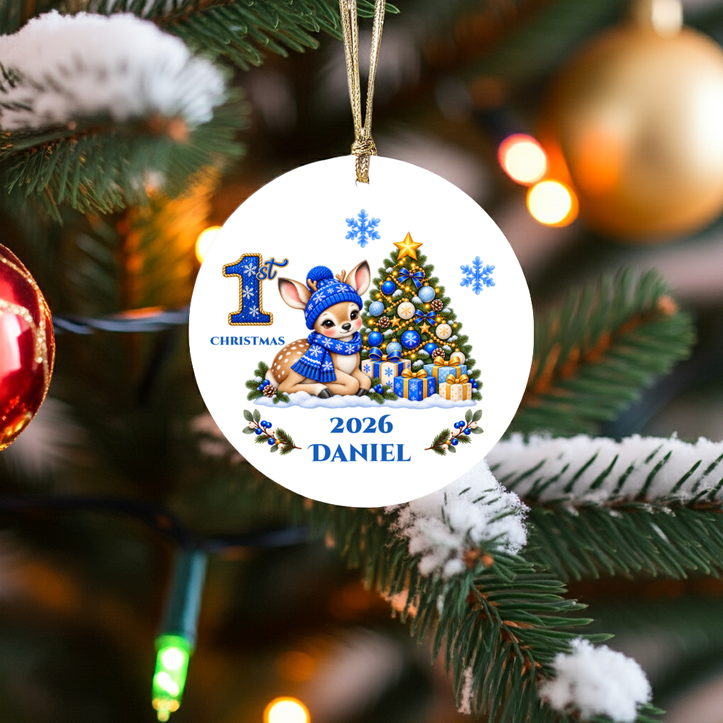 Fawn Baby Personalized Christmas Ornament, Baby's 1st 2nd 3rd Christmas, Custom Name Year Ceramic Keepsake, Boy or Girl Gift