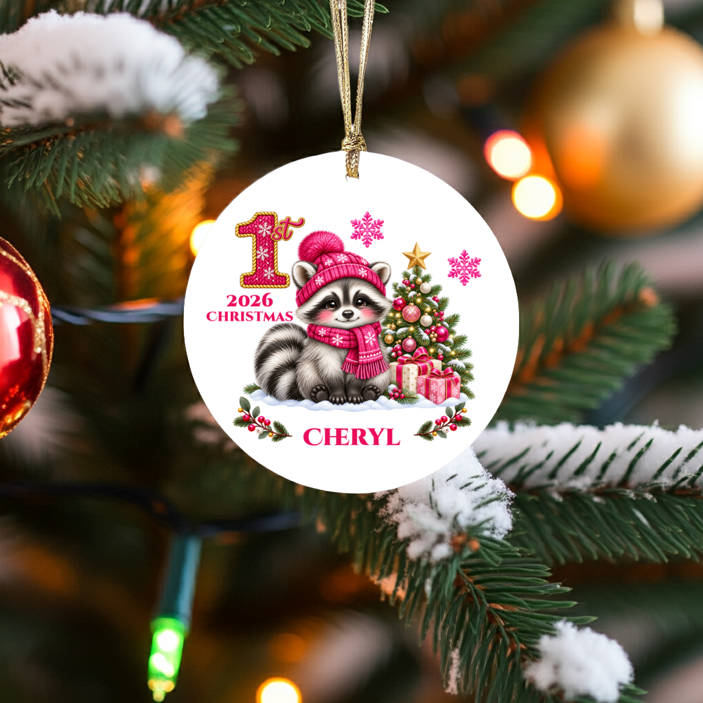 Baby Raccoon Personalized Christmas Ornament, First Christmas Keepsake, Pink Winter Animal Ceramic Tree Decoration, New Baby Gift 2026