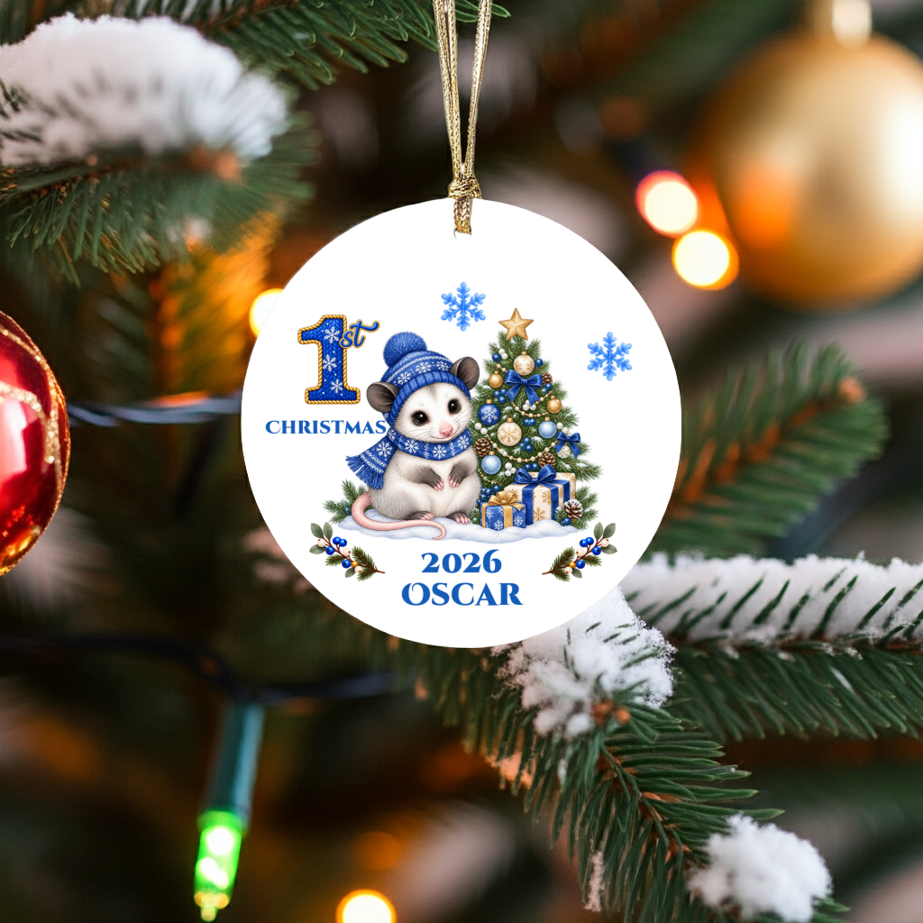 Opossum Baby Personalized Christmas Ornament, Baby's 1st 2nd 3rd Christmas, Custom Name Year Ceramic Keepsake, Boy Gift