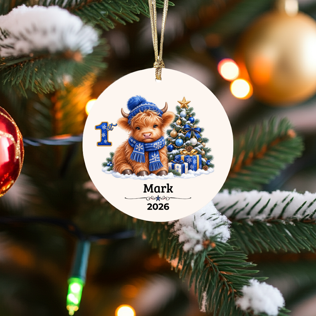 Personalized Christmas Ornament – Pink or Blue Highland Cow First, Second, Third Christmas 2026, Custom Name Keepsake, 3 Inch Ceramic Holiday Decor