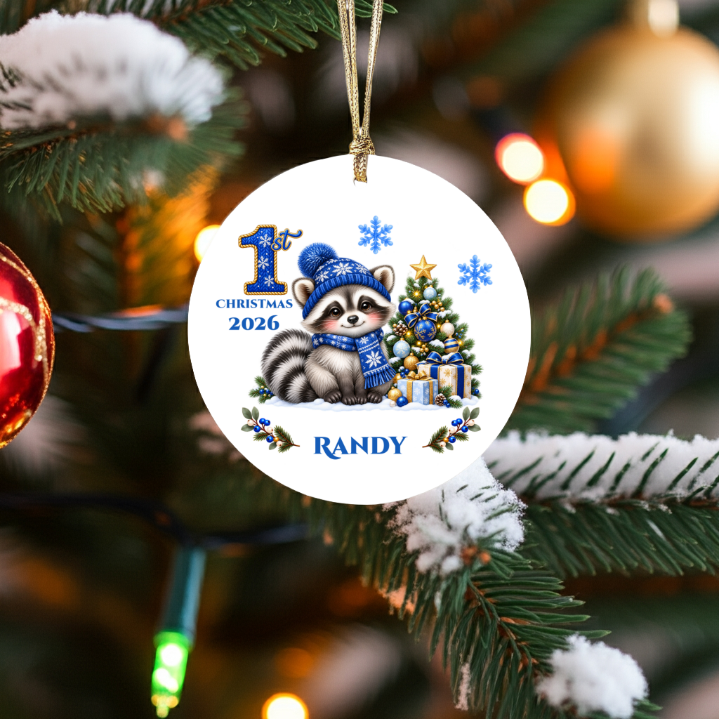 Christmas Raccoon Ornament, Woodland Animal Holiday Decor, Blue Winter Tree Ornament, Cute Wildlife Gift, Ceramic Tree Decoration 3 Inch