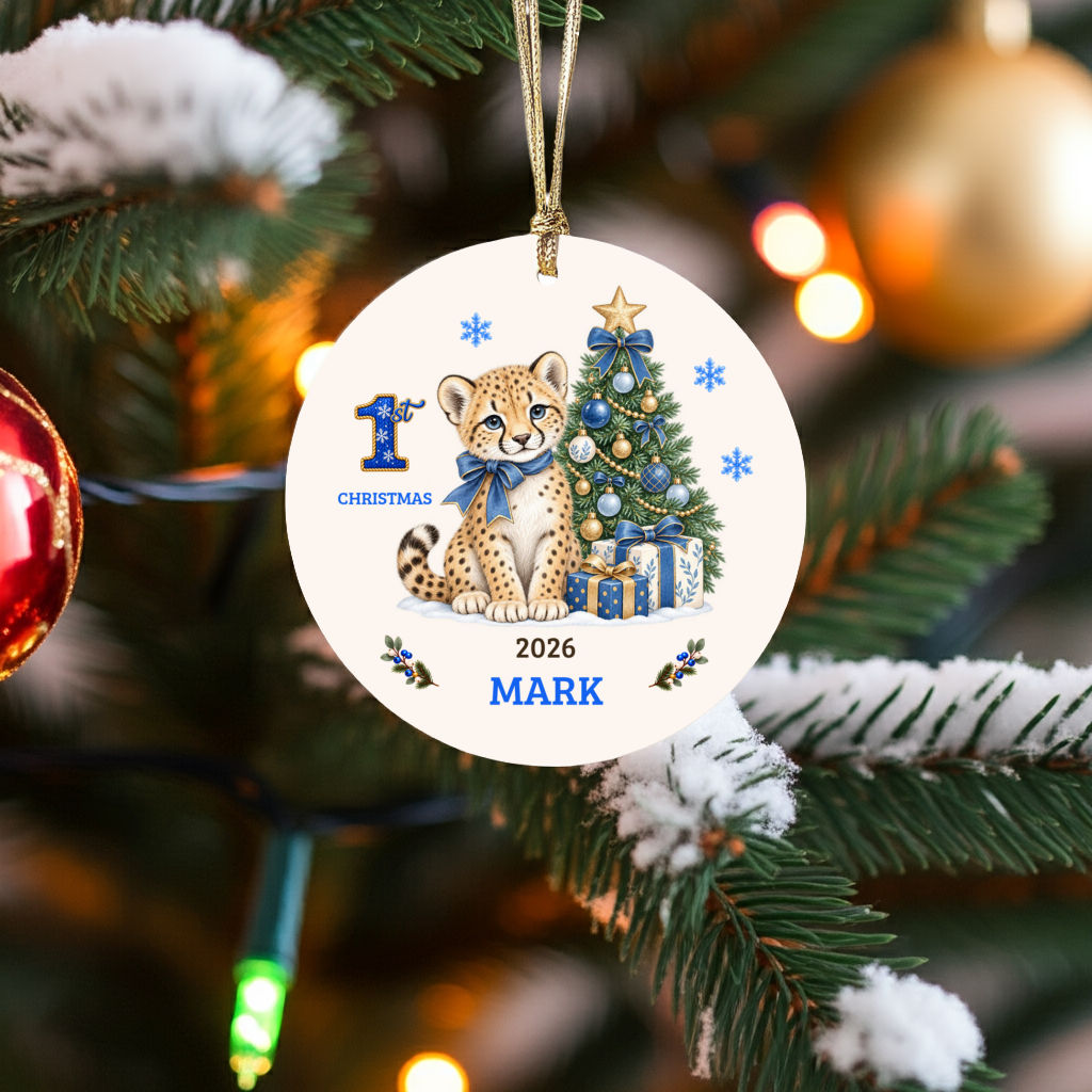 Personalized Baby Cheetah Christmas Ornament, Baby's First Christmas, 1st–10th Year Keepsake, Custom Name and Year, Pink or Blue