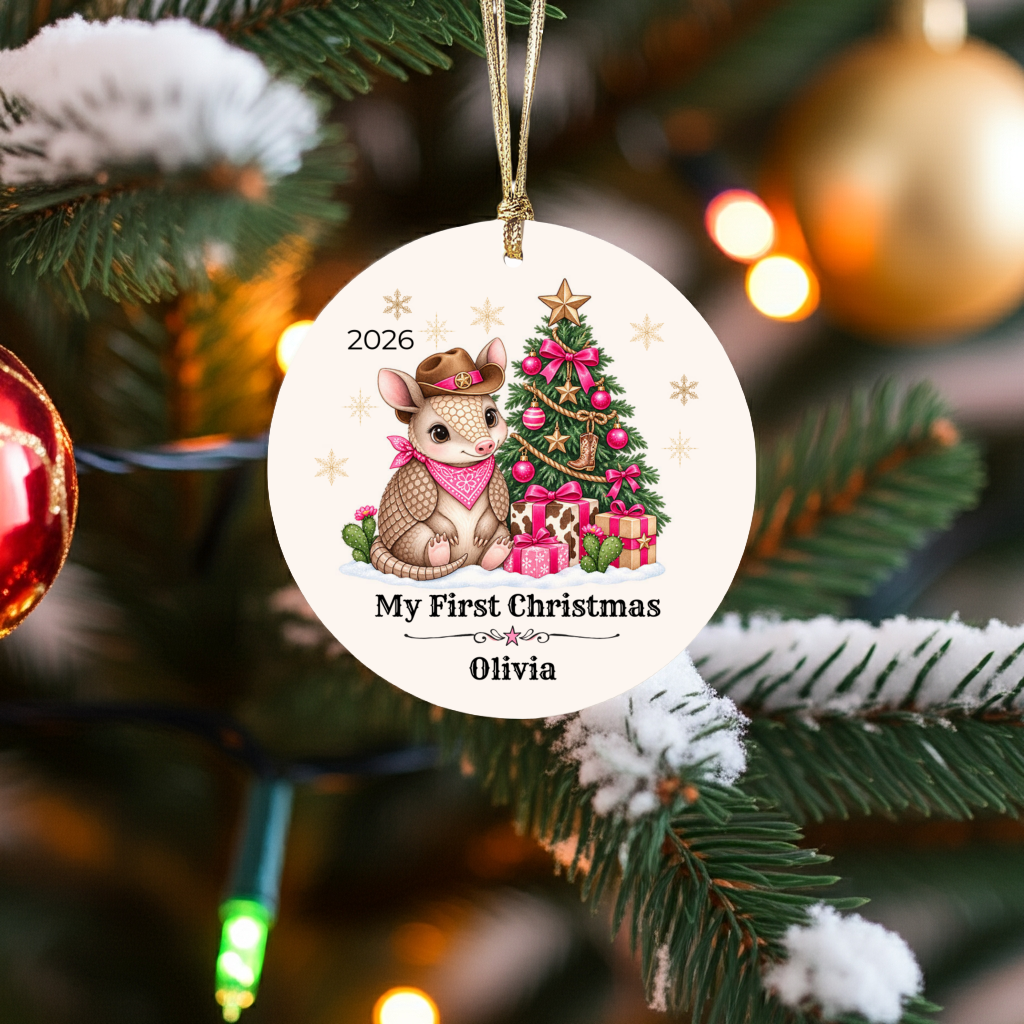 Personalized Baby Armadillo Christmas Ornament, Baby's First Christmas, Western Cowboy Cowgirl Baby Gift, Custom Name Year, Blue or Pink