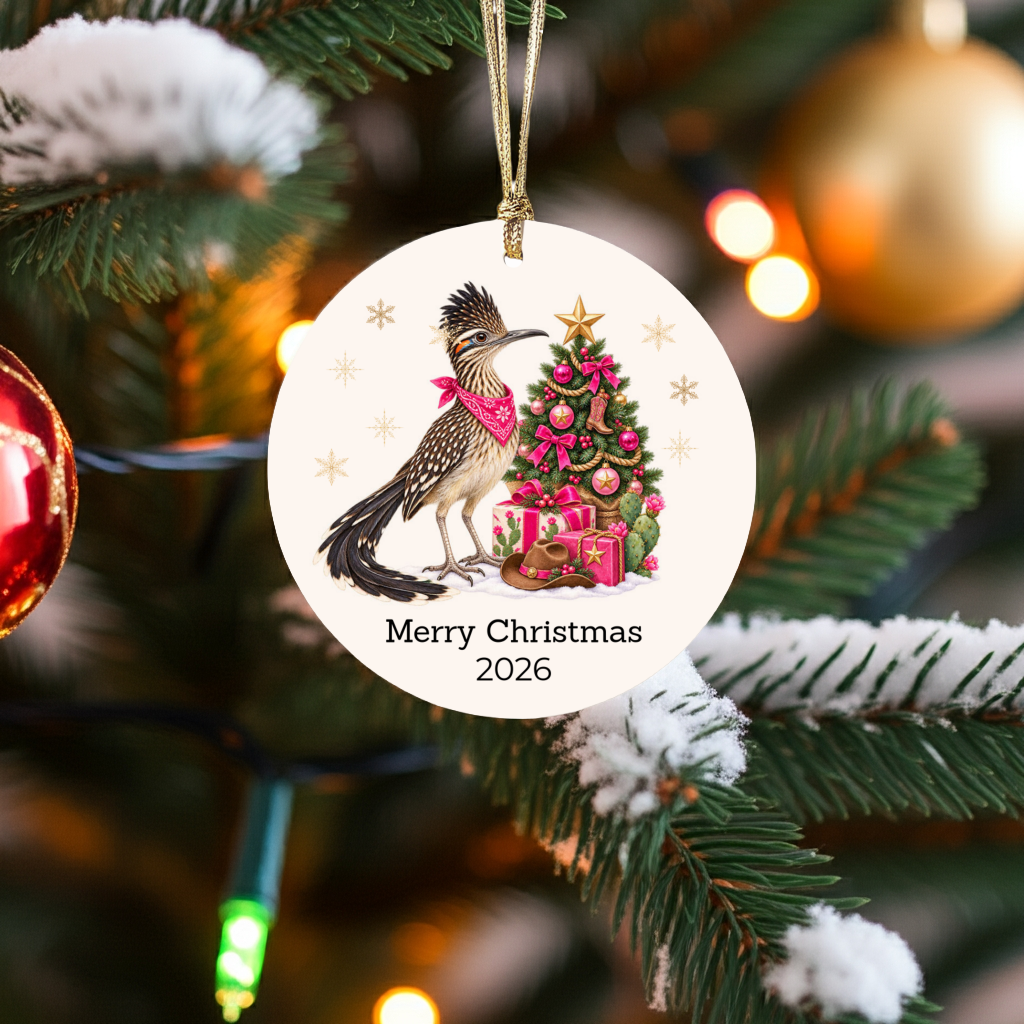 Personalized Roadrunner Christmas Ornament, Western Cowboy Cowgirl Decor, Blue or Pink, Custom Text and Year, Southwest Christmas Gift