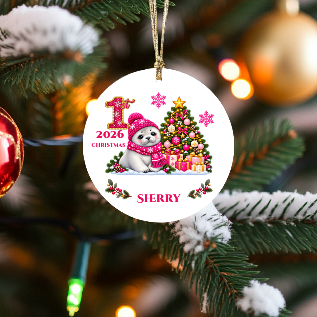 Baby Seal Pup Personalized Christmas Ornament, Custom Name Year Ceramic Keepsake, Baby’s 1st 2nd 3rd Christmas, Girl Gift