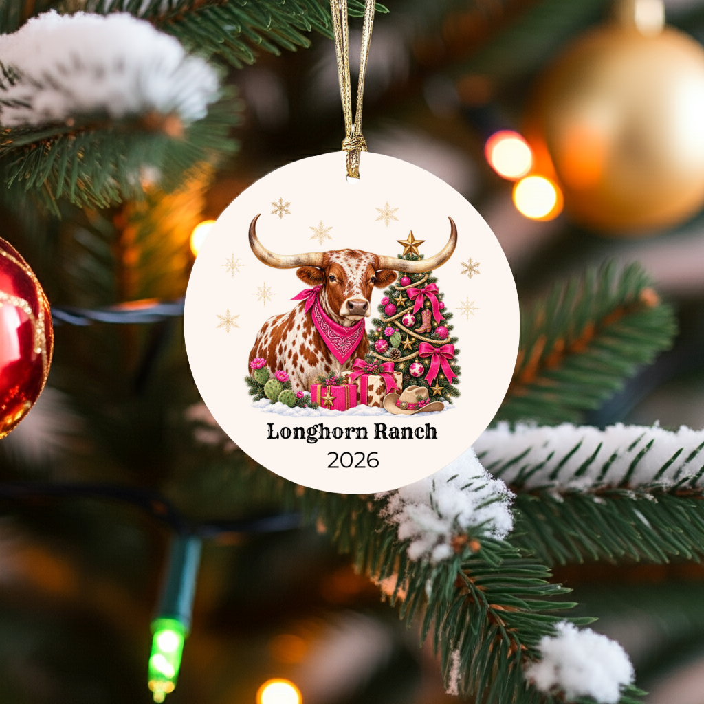 Personalized Longhorn Christmas Ornament, Western Cowboy Ceramic Ornament, Custom Name and Year