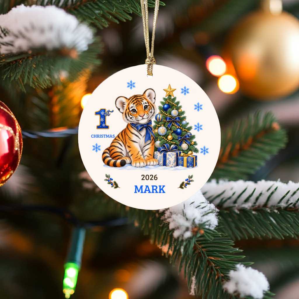 Personalized Baby Tiger Christmas Ornament, Baby's 1st to 10th Christmas Keepsake, Custom Name and Year, Pink or Blue, Ceramic Gift