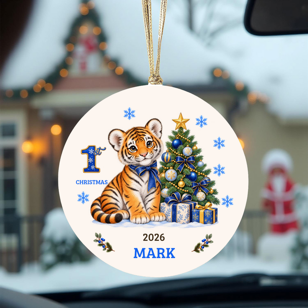 Personalized Baby Tiger Christmas Ornament, Baby's 1st to 10th Christmas Keepsake, Custom Name and Year, Pink or Blue, Ceramic Gift