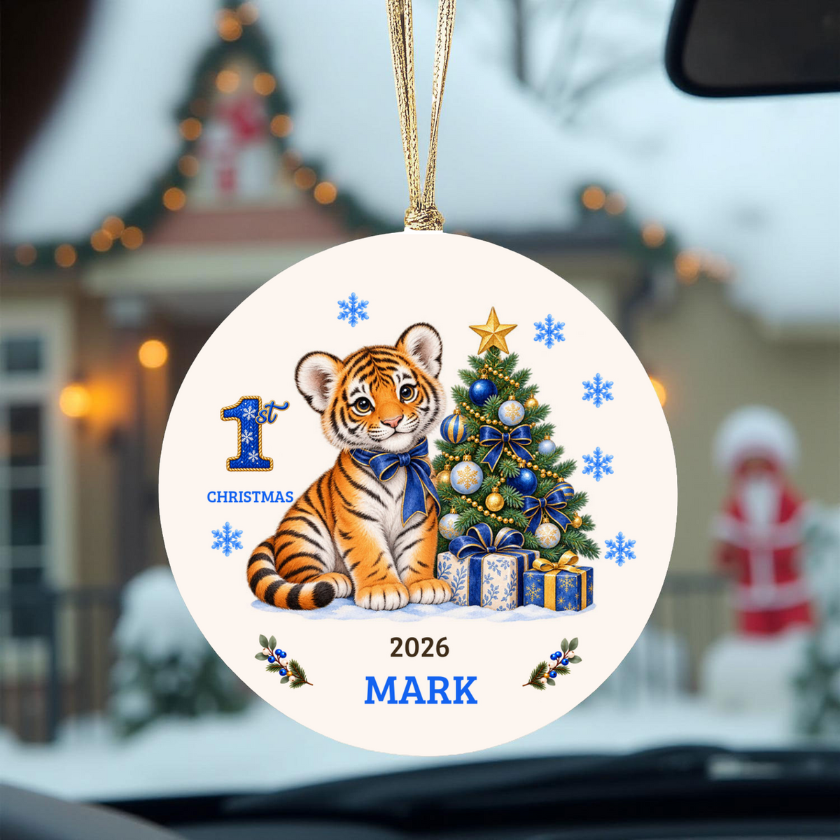 Personalized Baby Tiger Christmas Ornament, Baby's 1st to 10th Christmas Keepsake, Custom Name and Year, Pink or Blue, Ceramic Gift