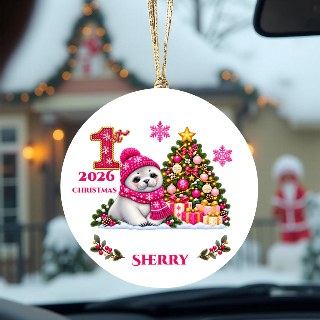 Baby Seal Pup Personalized Christmas Ornament, Custom Name Year Ceramic Keepsake, Baby’s 1st 2nd 3rd Christmas, Girl Gift