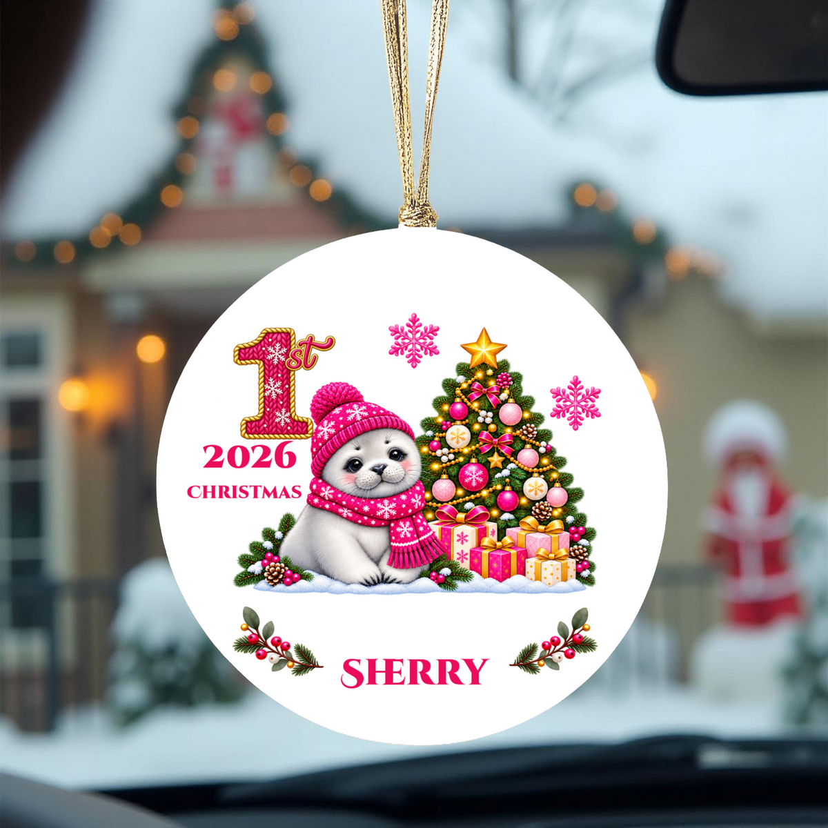 Baby Seal Pup Personalized Christmas Ornament, Custom Name Year Ceramic Keepsake, Baby’s 1st 2nd 3rd Christmas, Girl Gift