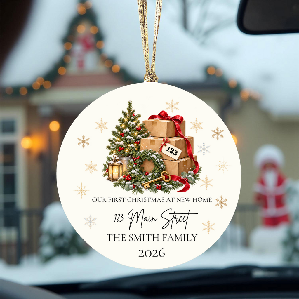 Personalized First Christmas in New Home Ornament, Custom Address Christmas Decoration, Moving Boxes Ornament, New Homeowner Housewarming Gift