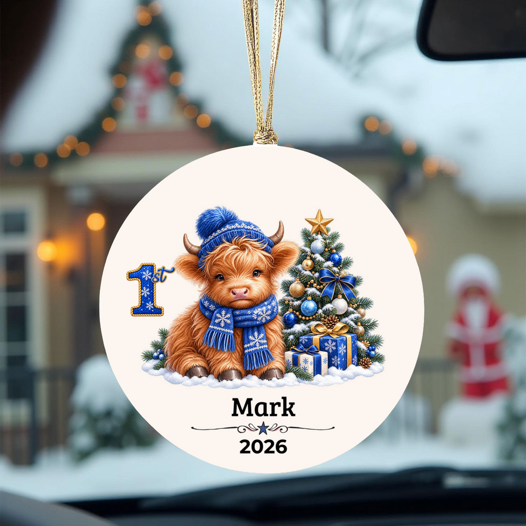Personalized Christmas Ornament – Pink or Blue Highland Cow First, Second, Third Christmas 2026, Custom Name Keepsake, 3 Inch Ceramic Holiday Decor