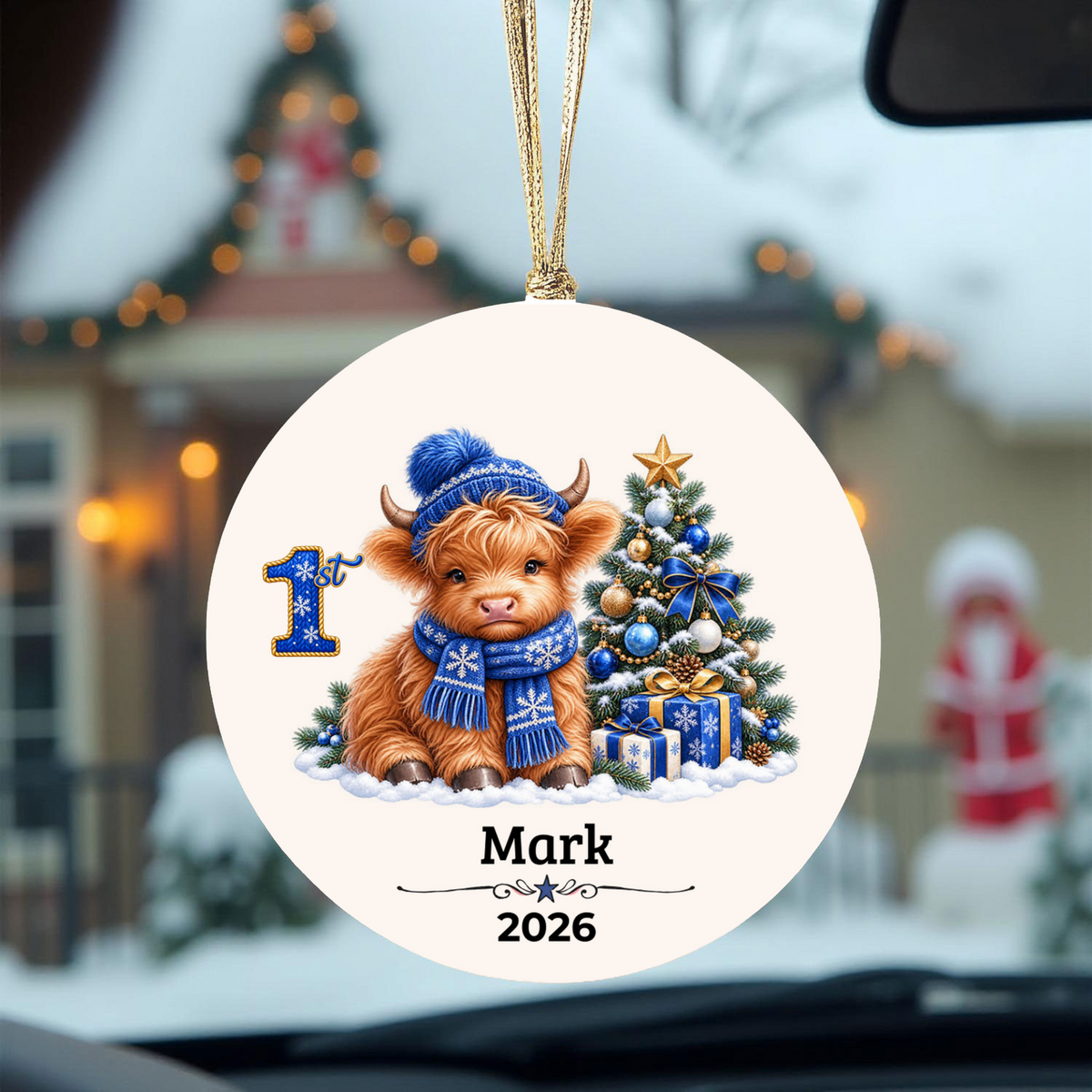Personalized Christmas Ornament – Pink or Blue Highland Cow First, Second, Third Christmas 2026, Custom Name Keepsake, 3 Inch Ceramic Holiday Decor