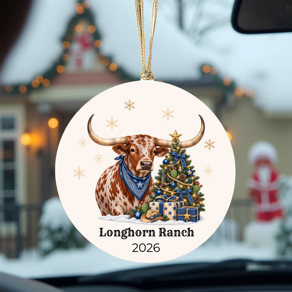 Personalized Longhorn Christmas Ornament, Western Cowboy Ceramic Ornament, Custom Name and Year