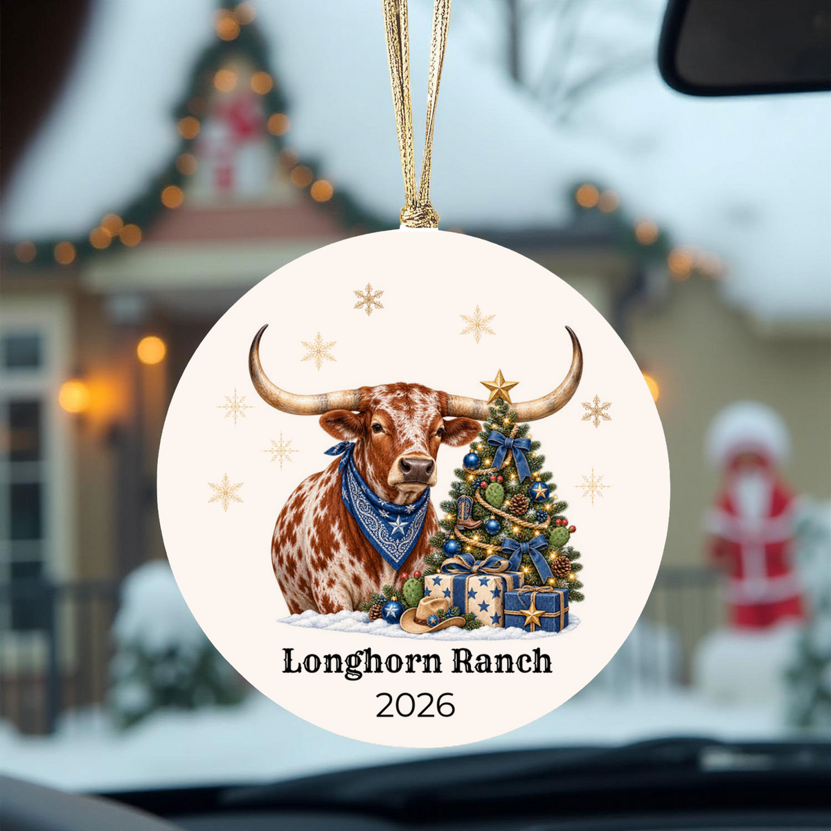 Personalized Longhorn Christmas Ornament, Western Cowboy Ceramic Ornament, Custom Name and Year