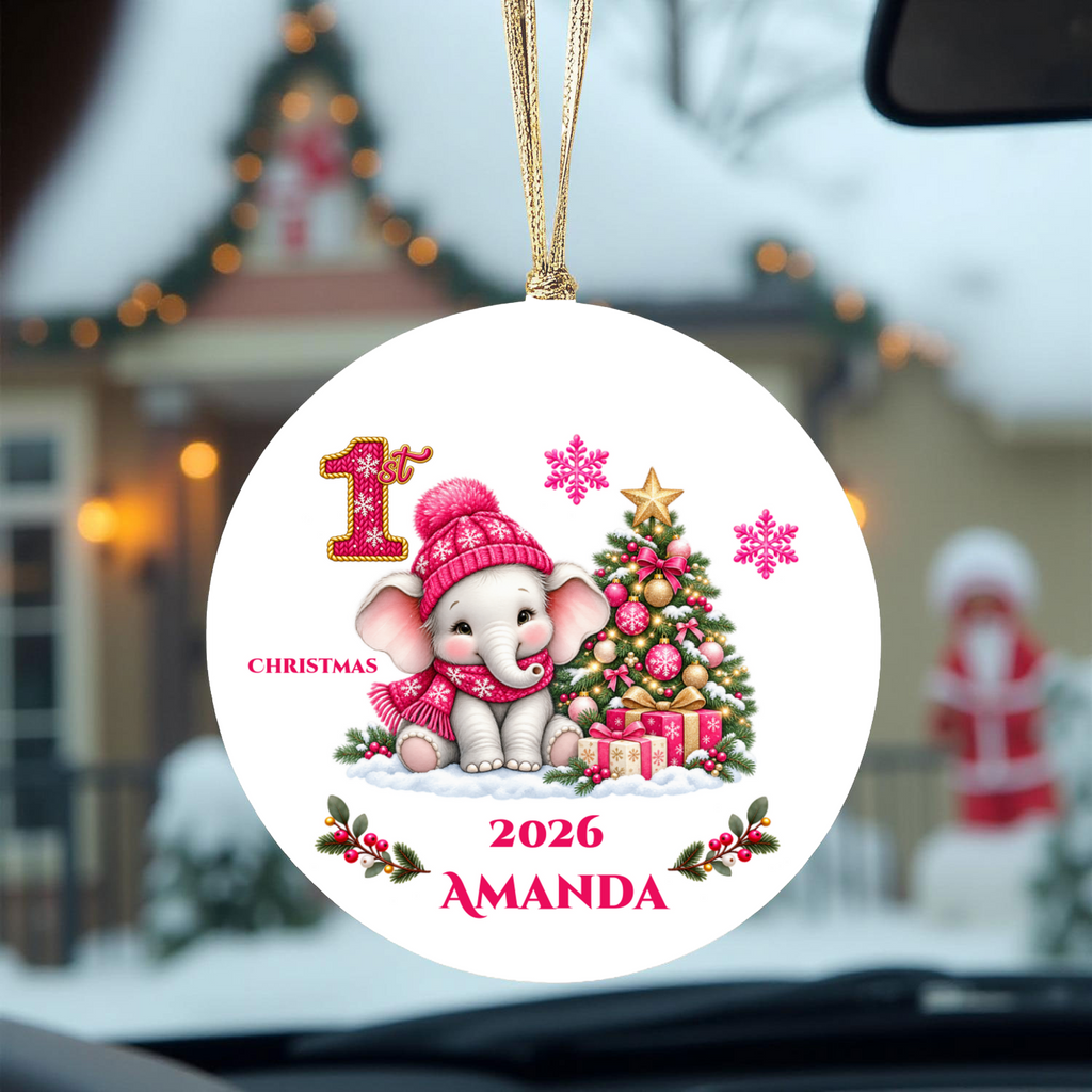 Elephant Baby Personalized Christmas Ornament, Baby's 1st 2nd 3rd Christmas, Custom Name Year Ceramic Keepsake, Girl Gift