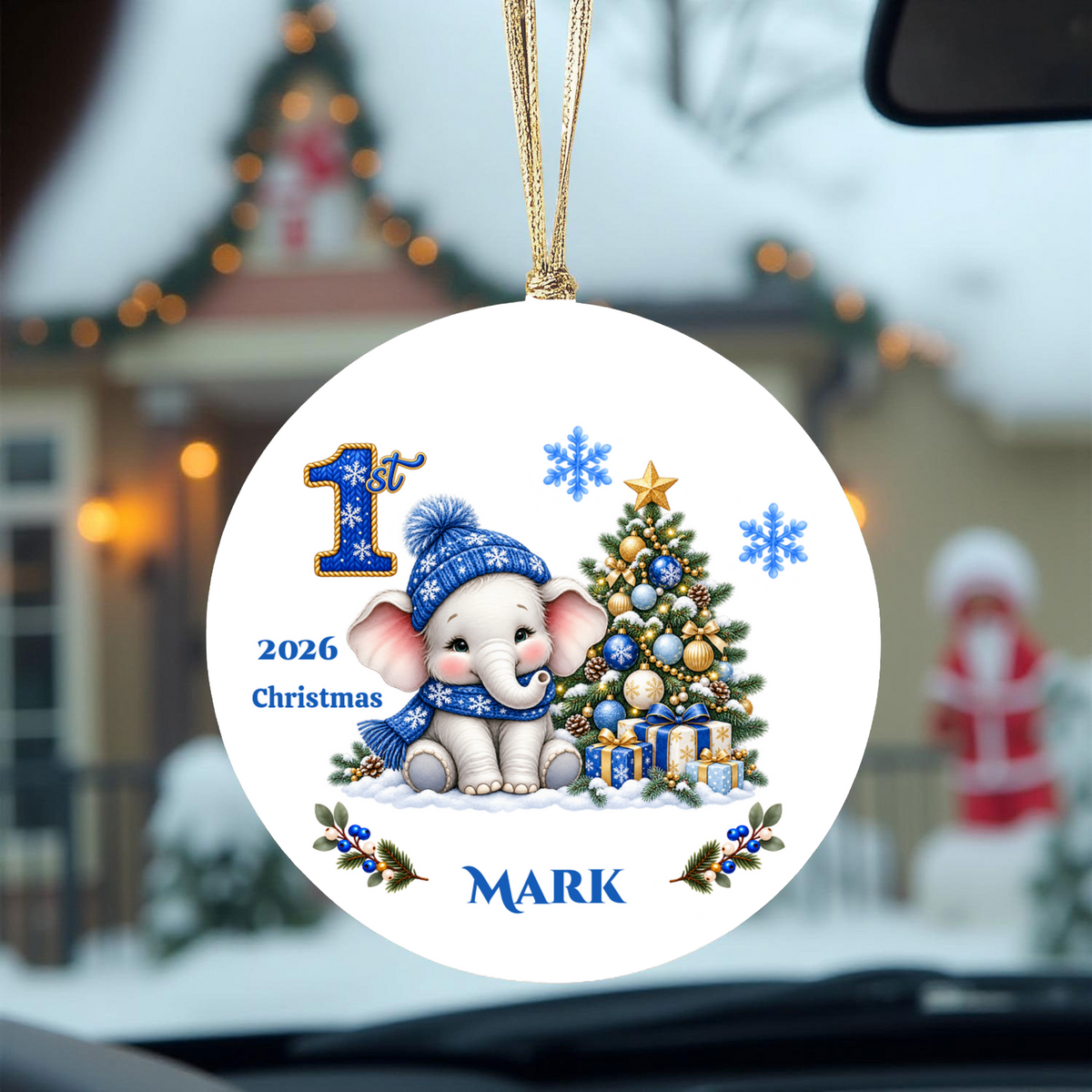 Elephant Baby Personalized Christmas Ornament Blue, Baby's 1st 2nd 3rd Christmas, Custom Name Year Ceramic Keepsake, Girl Gift