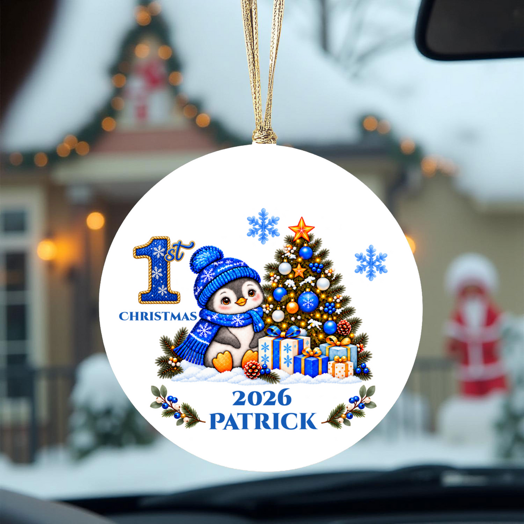 Penguin Baby Personalized Christmas Ornament, Baby's 1st 2nd 3rd Christmas, Custom Name Year Ceramic Keepsake, Boy or Girl Gift