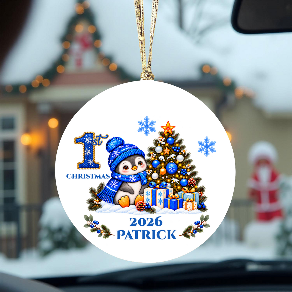Penguin Baby Personalized Christmas Ornament, Baby's 1st 2nd 3rd Christmas, Custom Name Year Ceramic Keepsake, Boy or Girl Gift