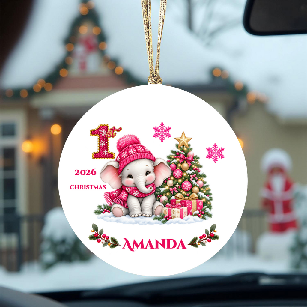 Elephant Baby Personalized Christmas Ornament Pink, Baby's 1st 2nd 3rd Christmas, Custom Name Year Ceramic Keepsake, Girl Gift