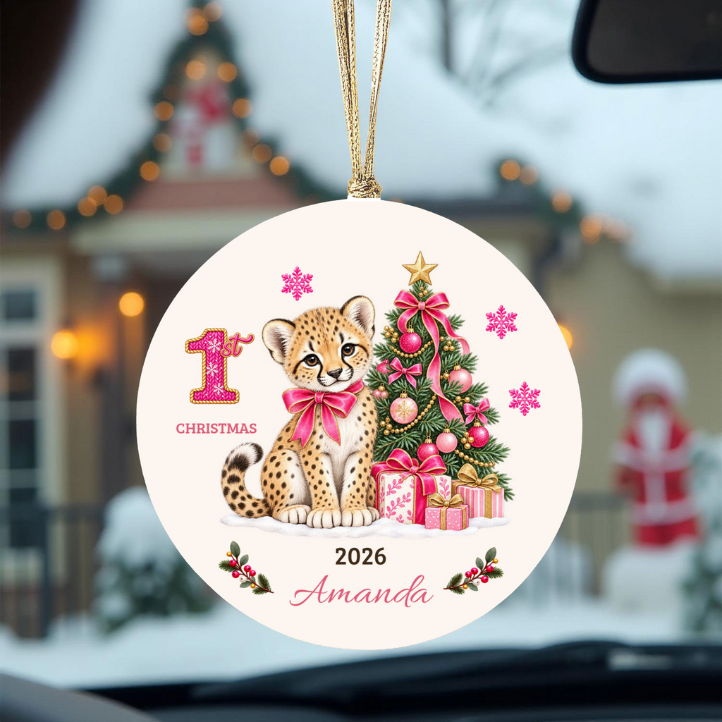 Personalized Baby Cheetah Christmas Ornament, Baby's First Christmas, 1st–10th Year Keepsake, Custom Name and Year, Pink or Blue