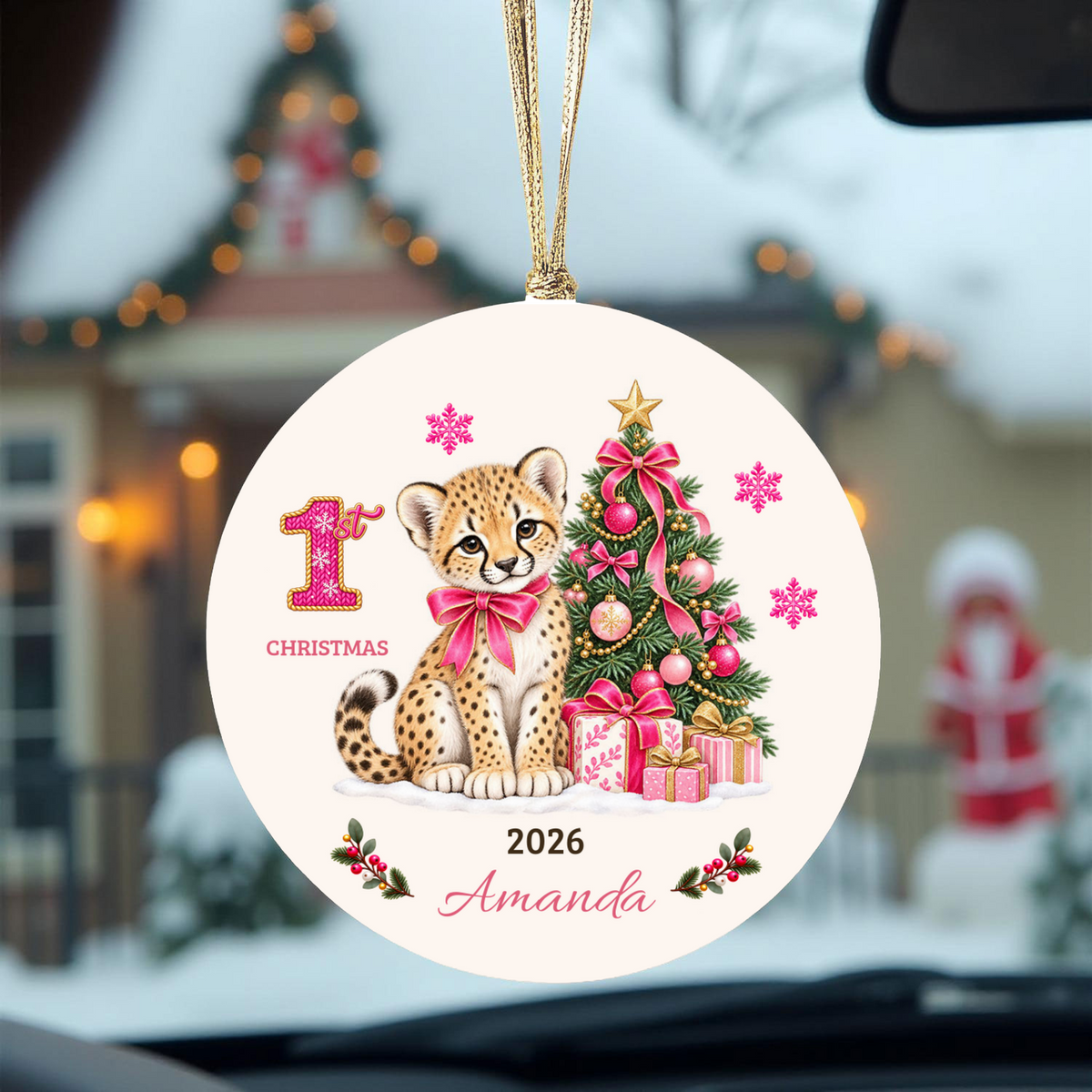 Personalized Baby Cheetah Christmas Ornament, Baby's First Christmas, 1st–10th Year Keepsake, Custom Name and Year, Pink or Blue