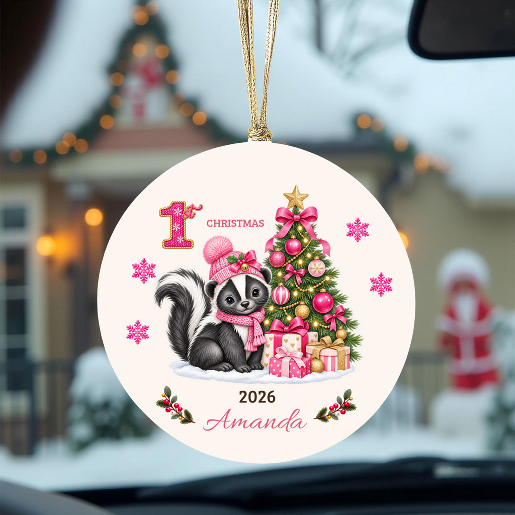 Personalized Baby Skunk Christmas Ornament, Baby's First Christmas, 1st–10th Christmas Keepsake, Custom Name and Year, Pink or Blue
