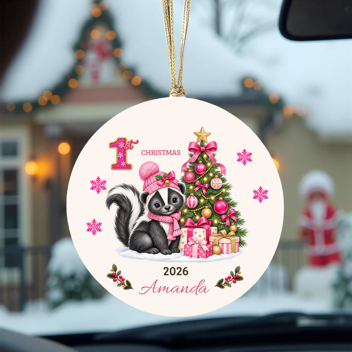 Personalized Baby Skunk Christmas Ornament, Baby's First Christmas, 1st–10th Christmas Keepsake, Custom Name and Year, Pink or Blue