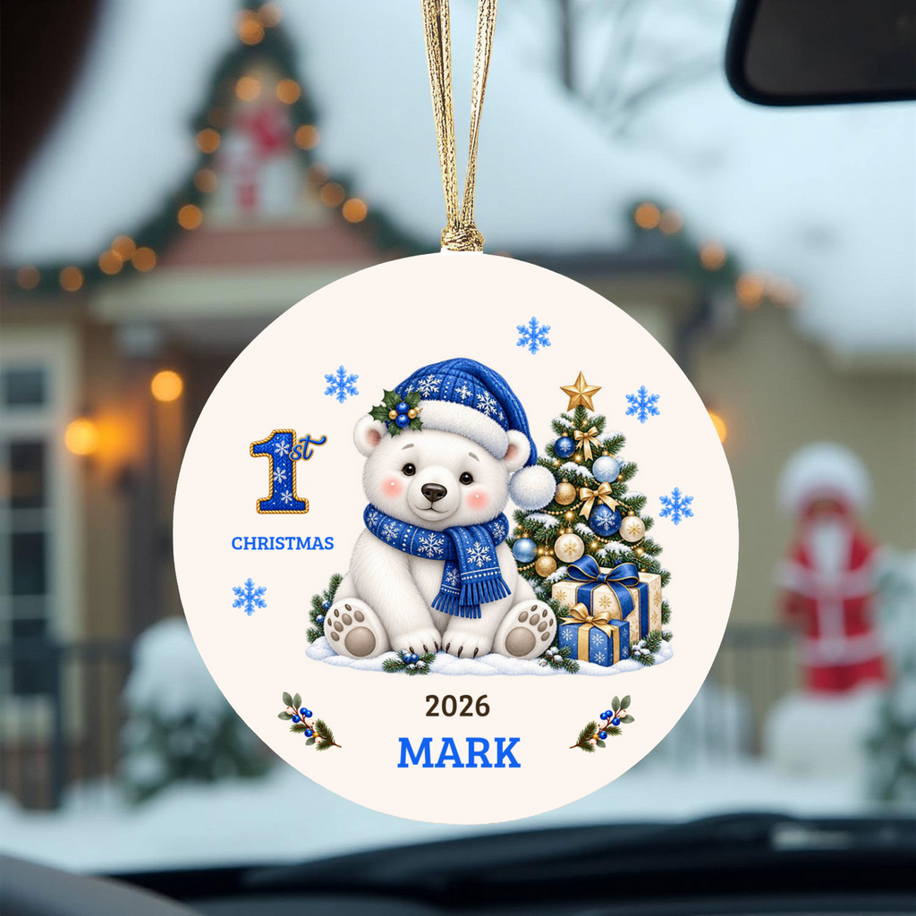 Personalized Baby Polar Bear Christmas Ornament, Baby's First Christmas, 1st–10th Christmas Keepsake, Custom Name and Year, Pink or Blue