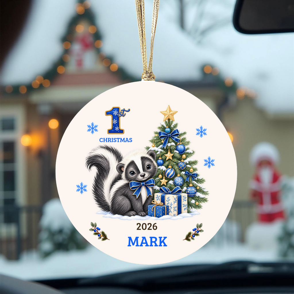 Personalized Baby Skunk Christmas Ornament, Baby's First Christmas, 1st–10th Christmas Keepsake, Custom Name and Year, Pink or Blue