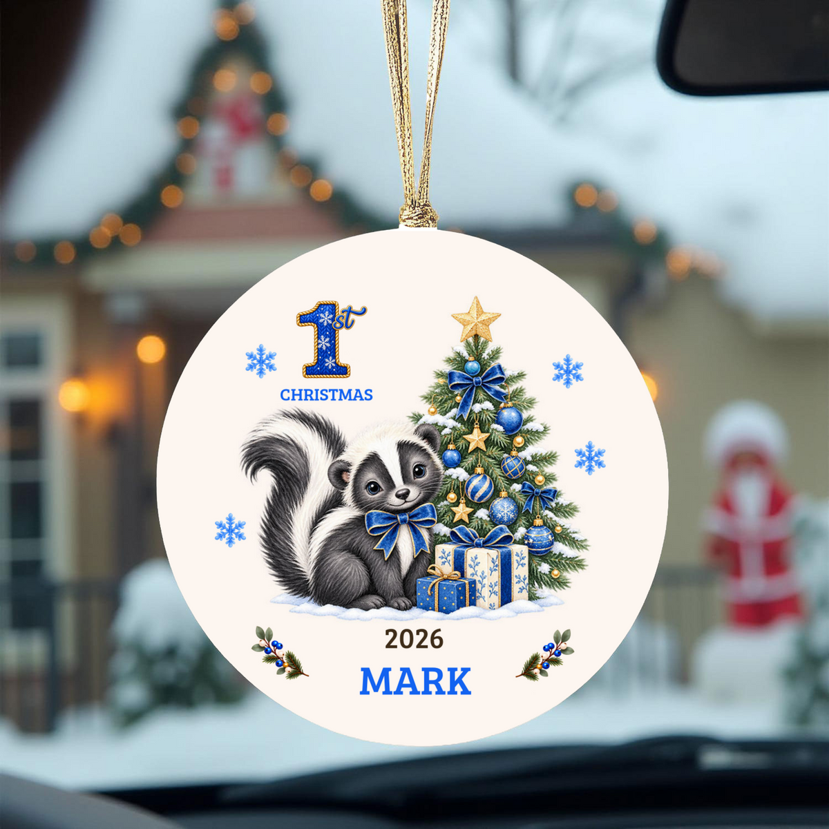 Personalized Baby Skunk Christmas Ornament, Baby's First Christmas, 1st–10th Christmas Keepsake, Custom Name and Year, Pink or Blue