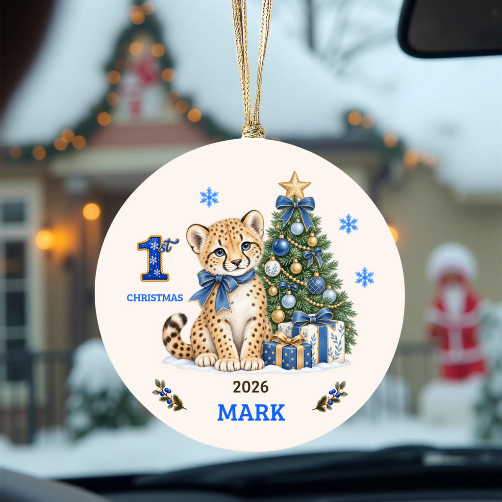 Personalized Baby Cheetah Christmas Ornament, Baby's First Christmas, 1st–10th Year Keepsake, Custom Name and Year, Pink or Blue
