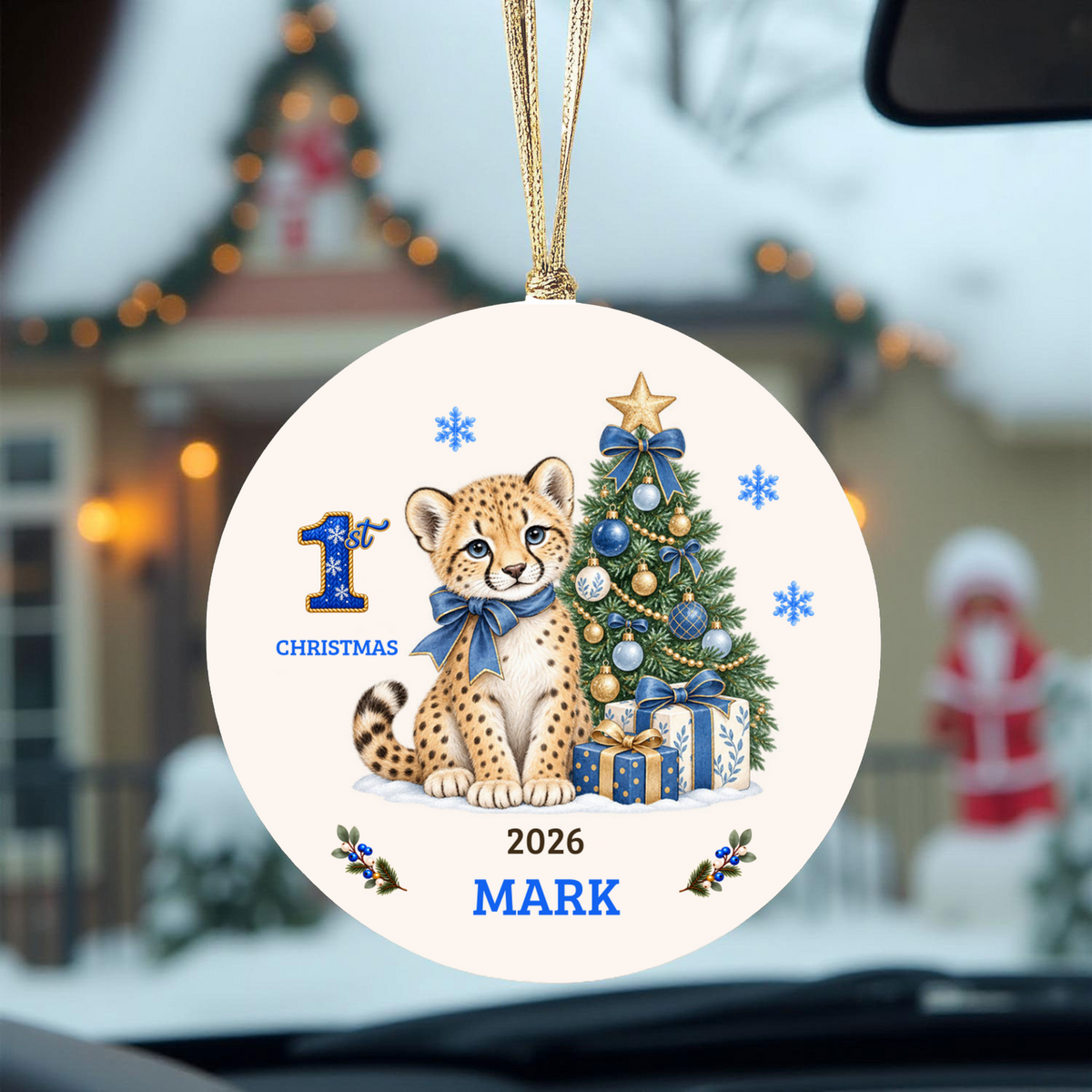 Personalized Baby Cheetah Christmas Ornament, Baby's First Christmas, 1st–10th Year Keepsake, Custom Name and Year, Pink or Blue