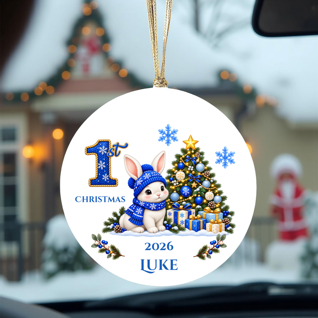 Baby Bunny Personalized Christmas Ornament. Baby's 1st 2nd 3rd Christmas, Custom Name Year Ceramic Keepsake, Girl Gift