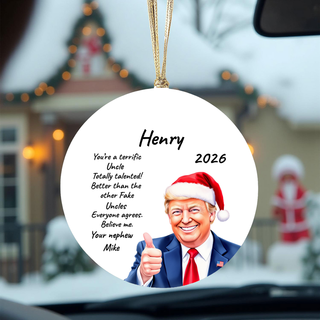 Personalized Trump Christmas Ornament, Funny Santa Hat Trump Gift, Custom Name Year and Relationship, 3 Inch Ceramic Holiday Keepsake