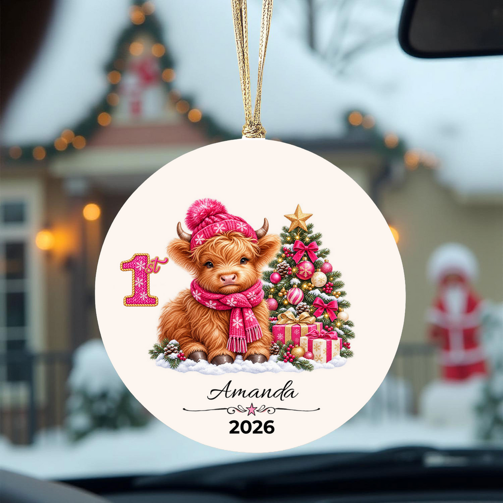 Personalized Christmas Ornament – Pink or Blue Highland Cow First, Second, Third Christmas 2026, Custom Name Keepsake, 3 Inch Ceramic Holiday Decor