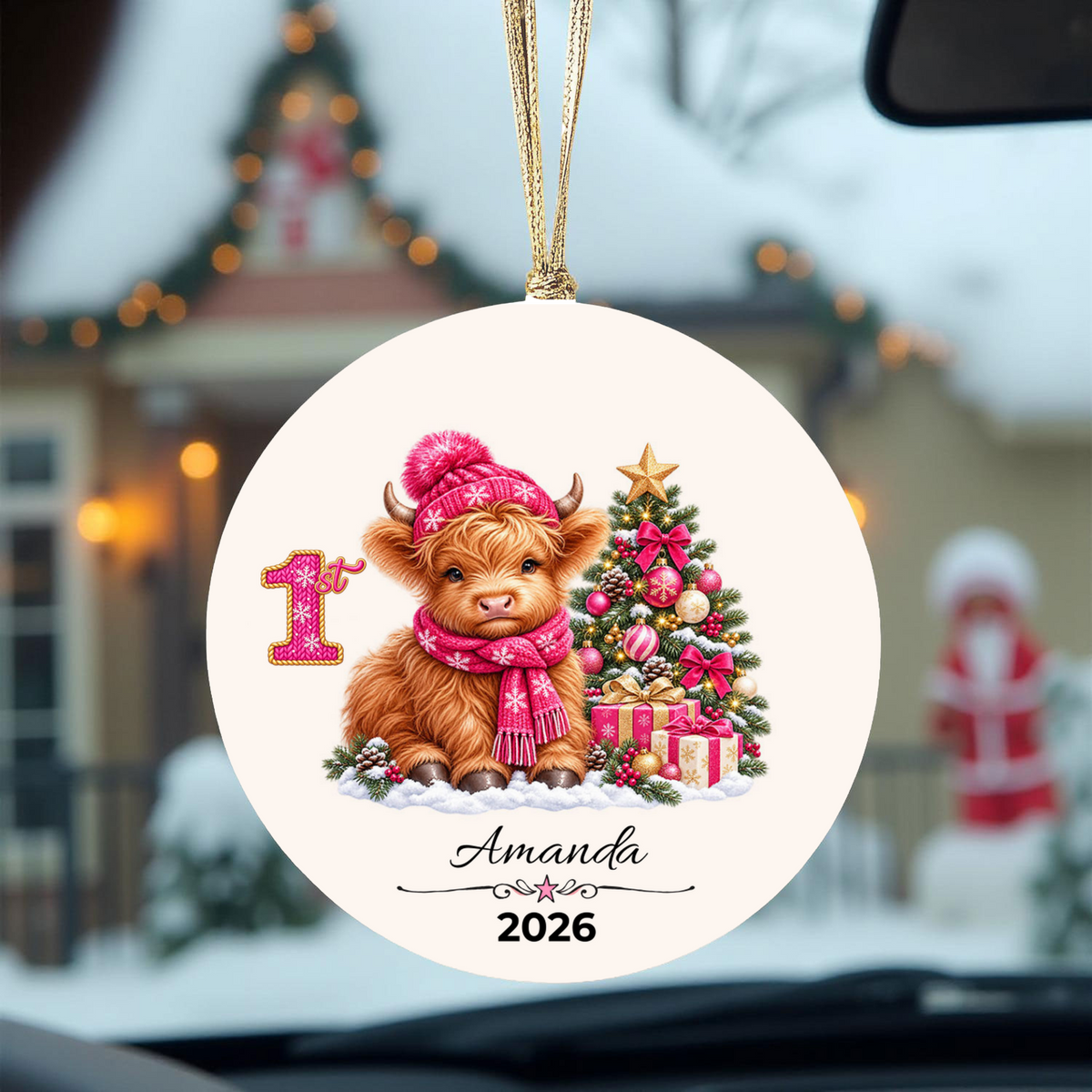 Personalized Christmas Ornament – Pink or Blue Highland Cow First, Second, Third Christmas 2026, Custom Name Keepsake, 3 Inch Ceramic Holiday Decor