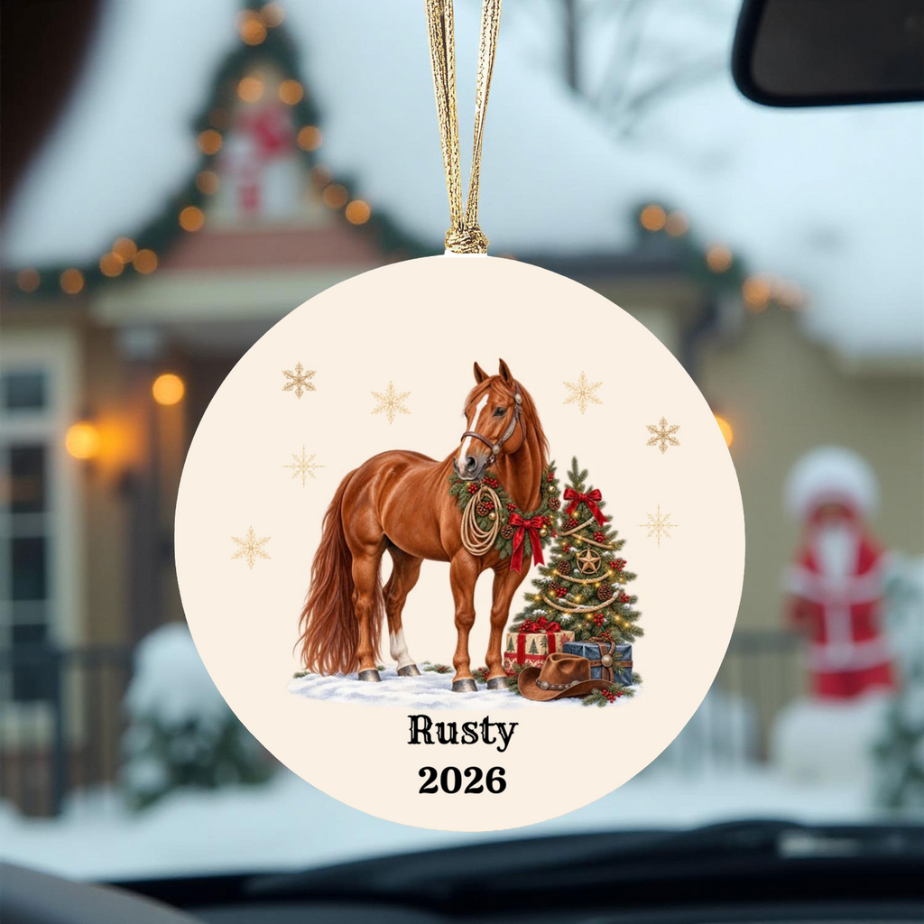 Personalized Horse Christmas Ornament, Custom Horse Photo Portrait, Western Cowboy Ceramic Ornament, Horse Name and Year, Equestrian Gift