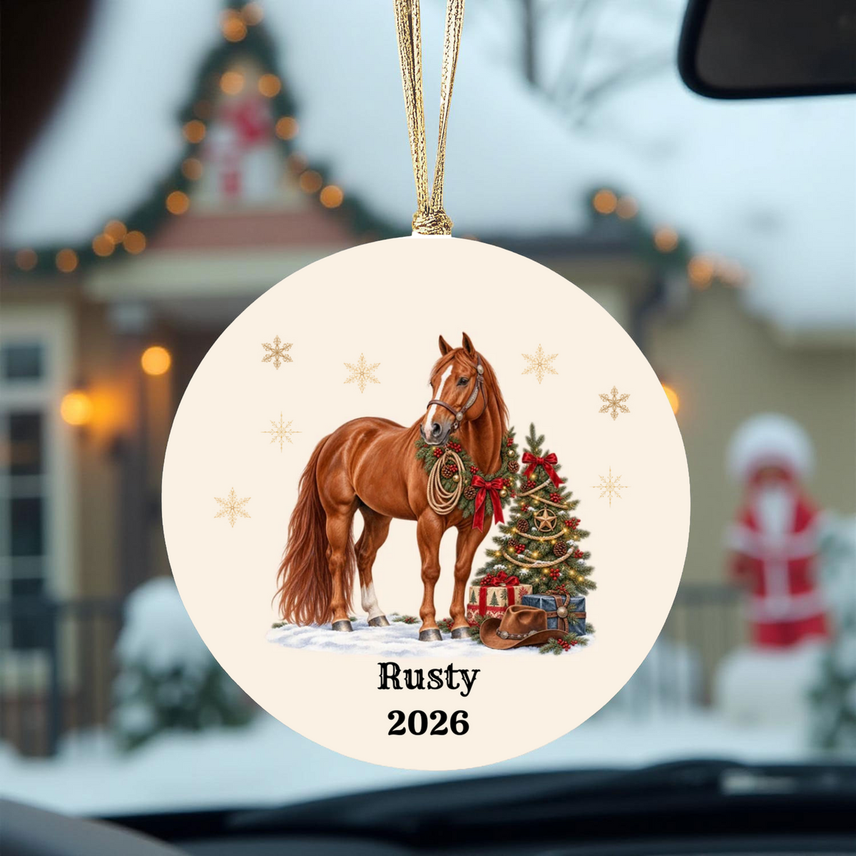 Personalized Horse Christmas Ornament, Custom Horse Photo Portrait, Western Cowboy Ceramic Ornament, Horse Name and Year, Equestrian Gift