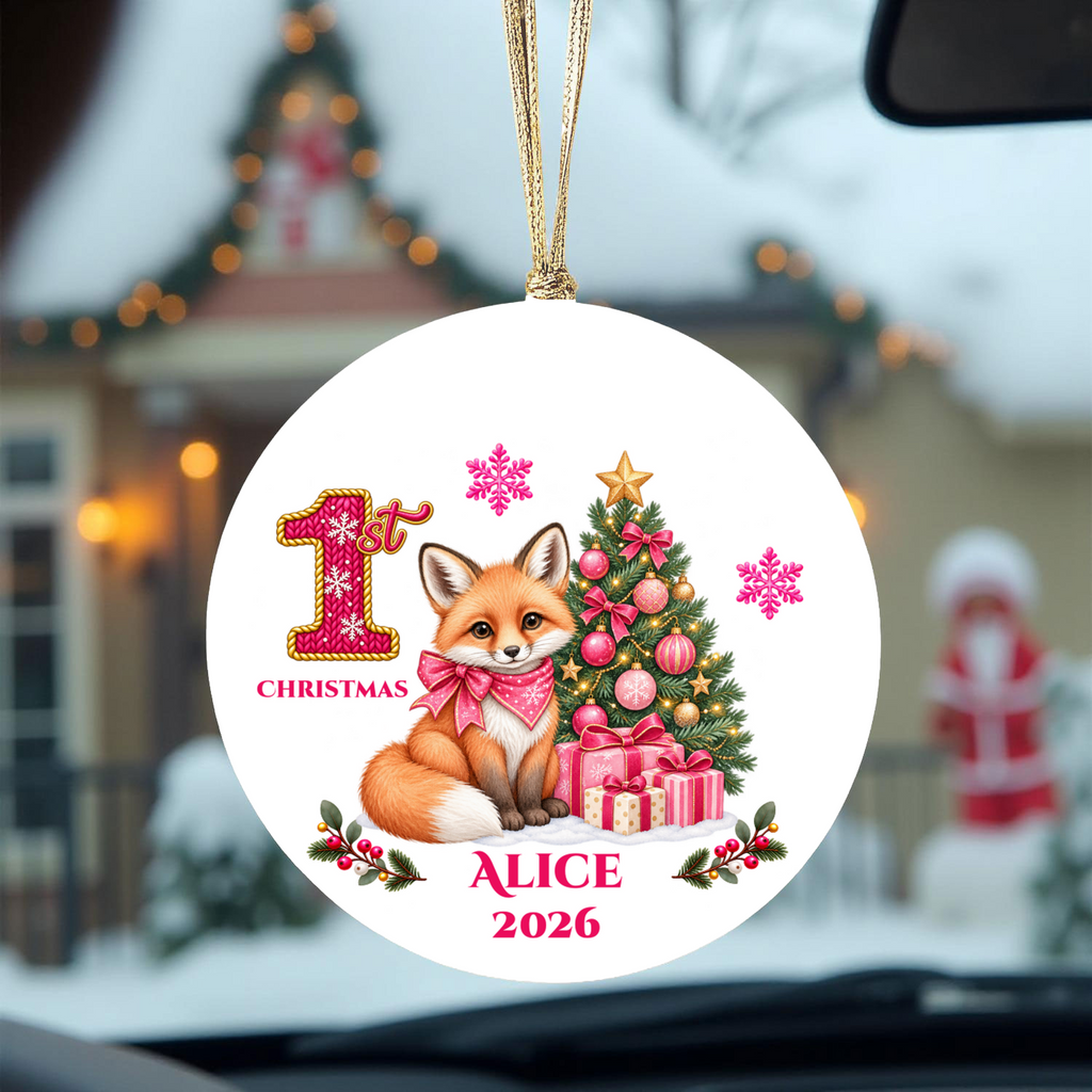 Fox Baby Personalized Christmas Ornament, Baby's 1st 2nd 3rd Christmas, Custom Name Year Ceramic Keepsake