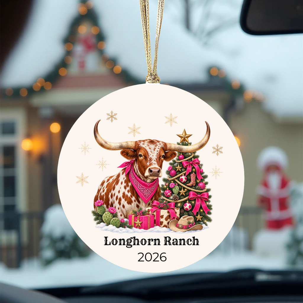 Personalized Longhorn Christmas Ornament, Western Cowboy Ceramic Ornament, Custom Name and Year