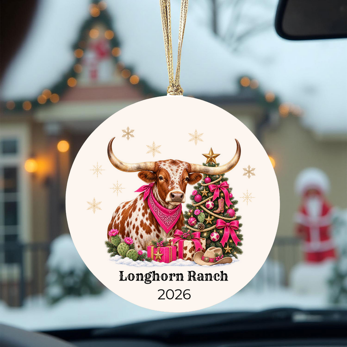 Personalized Longhorn Christmas Ornament, Western Cowboy Ceramic Ornament, Custom Name and Year