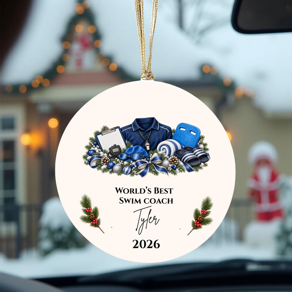 Personalized Swim Coach Ornament, Swimming Coach Christmas Gift, Custom Coach Appreciation Keepsake, Swim Team Gift, Name and Year