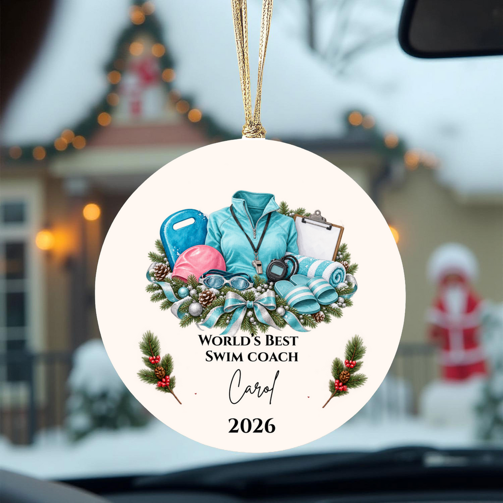 Personalized Swim Coach Ornament, Swimming Coach Christmas Gift, Custom Coach Appreciation Keepsake, Swim Team Gift, Name and Year