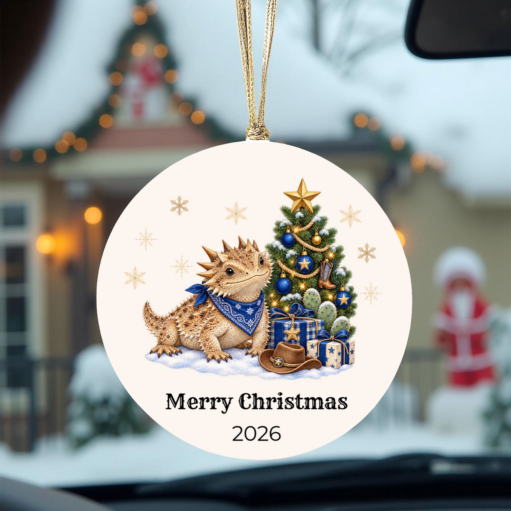 Personalized Horny Toad Christmas Ornament, Texas Horned Lizard, Western Cowboy Cowgirl Decor, Blue or Pink, Custom Name Year Gift