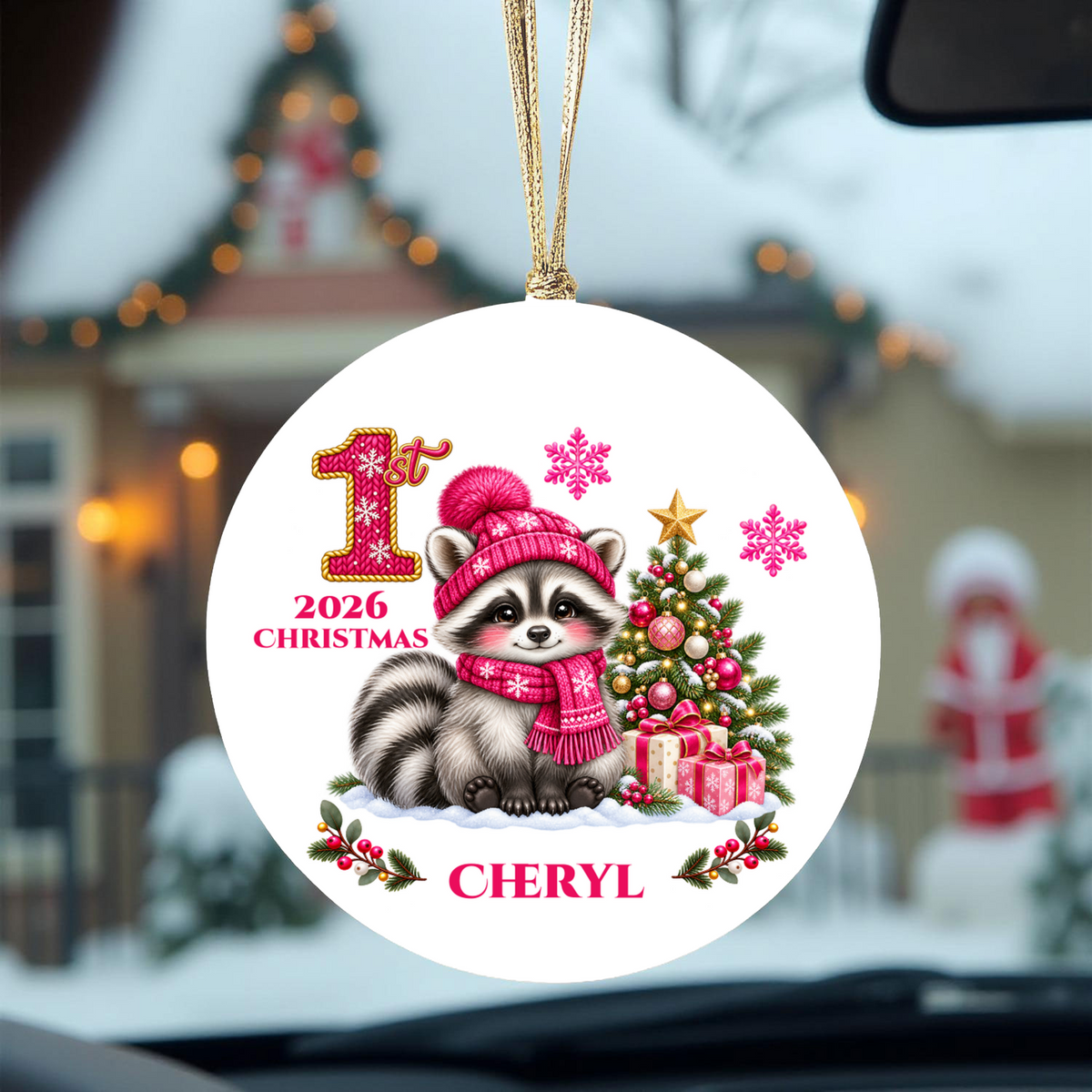 Baby Raccoon Personalized Christmas Ornament, First Christmas Keepsake, Pink Winter Animal Ceramic Tree Decoration, New Baby Gift 2026