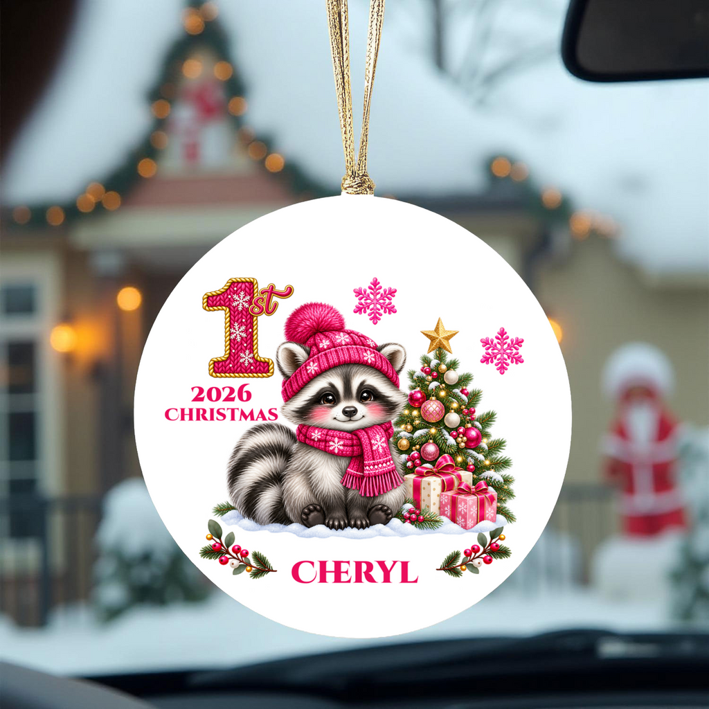 Baby Raccoon Personalized Christmas Ornament, First Christmas Keepsake, Pink Winter Animal Ceramic Tree Decoration, New Baby Gift 2026
