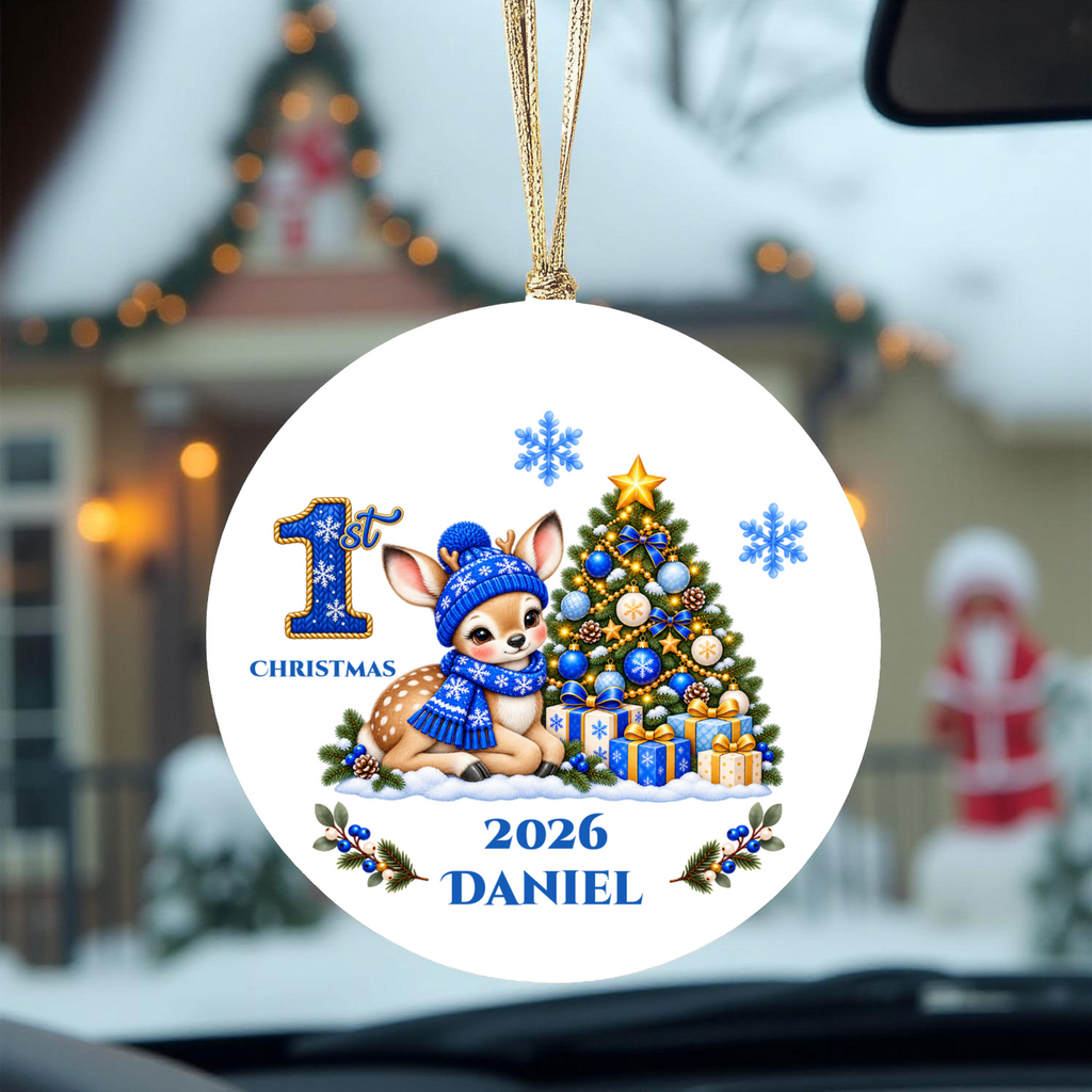 Fawn Baby Personalized Christmas Ornament, Baby's 1st 2nd 3rd Christmas, Custom Name Year Ceramic Keepsake, Boy or Girl Gift